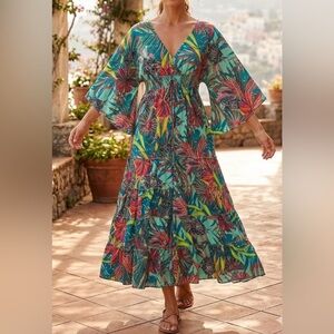 Boho V-Neck Tropical Maxi Dress in Teal
